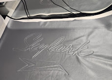 Silver-gray upholstery panel with custom embroidered Buick Skylark script lettering